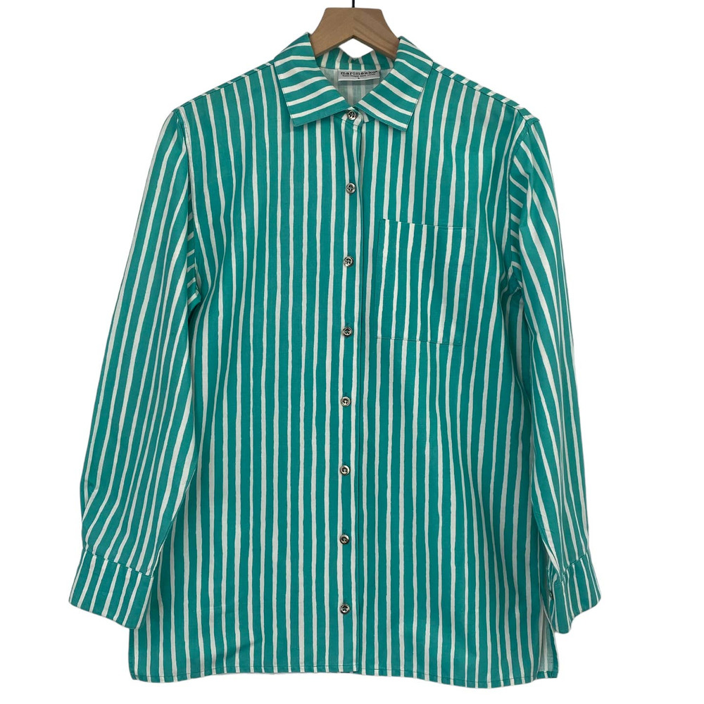 Marimekko Jokapoika Button Front Collared Shirt Oxford Striped Teal White Large